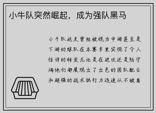 小牛队突然崛起，成为强队黑马